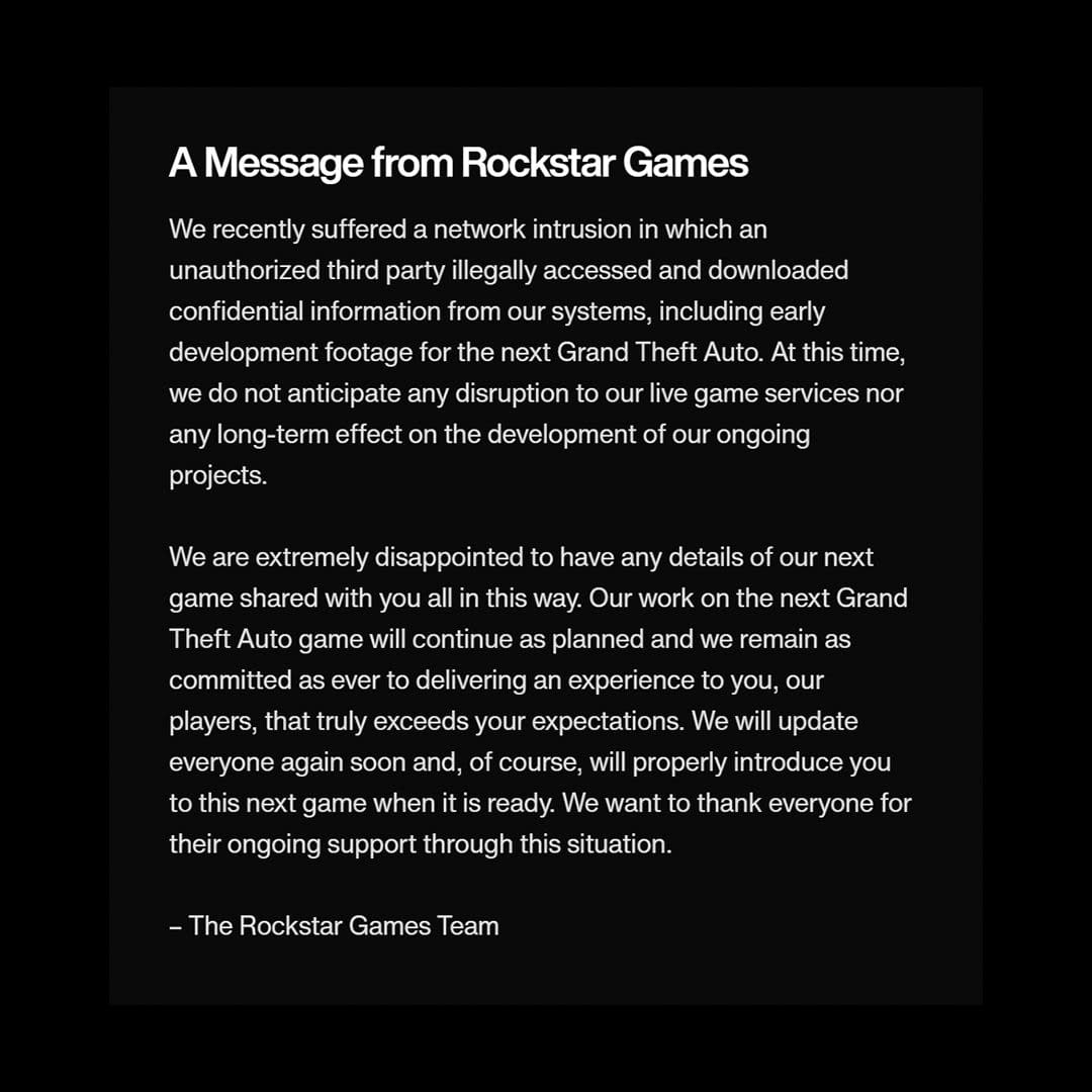 A statement came from Rockstar about the giant GTA 6 leak